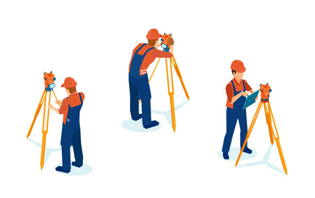 vector of a professional engineer surveyor takes measures with level theodolite on tripod vector art illustration