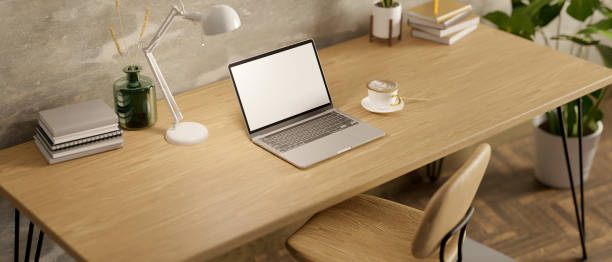 istock Modern comfortable home working space interior design with laptop mockup on wood table. 1413771102