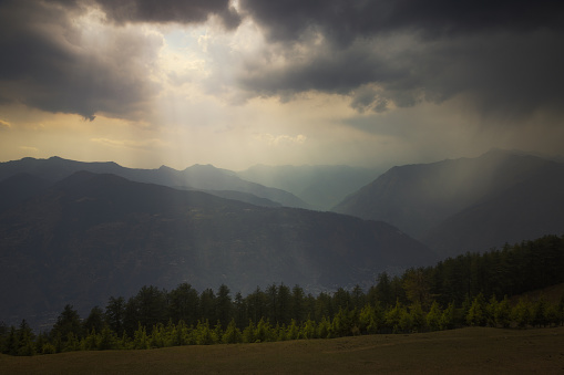 God rays lit pastures on Bijli Mahadev mountain, lined by Fir trees