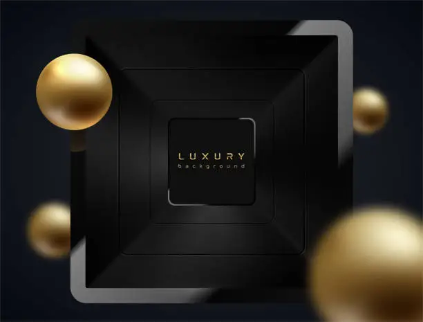 Vector illustration of Square glossy luxury black line frame gold sphere. Realistic border glass frame with reflection, dark background. Abstract golden ball on deep volume funnel. Rectangular header design poster