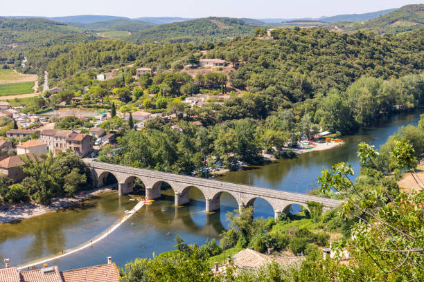 View on the Orb River from the heights of the medieval village of Roquebrun stock photo
