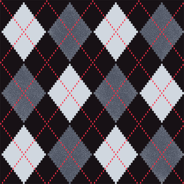 회색, 검정색 및 흰색의 매끄러운 아르가일 체크 패턴과 점선으로 표시된 빨간색 스티치. 벡터 배경 - argyle textile seamless pattern stock illustrations