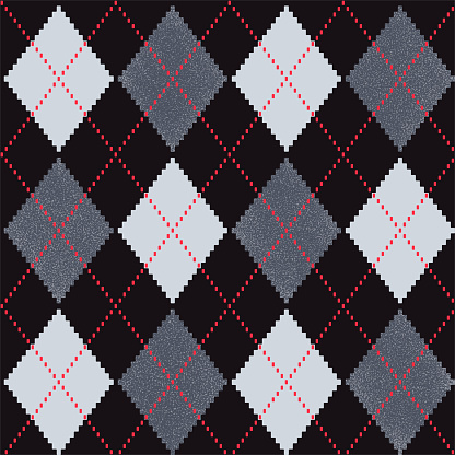 Seamless argyle check pattern in gray, black and white with dotted red stitch. Vector geometric diamonds background. Fabric texture print for clothing, wrapping paper, decor, greeting card design