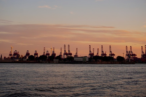 Elbphilarmony. The Elbe River. Hamburg at sunset. Port, Hamburg ships at sunset.