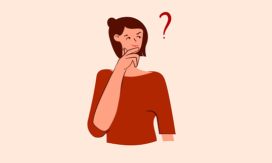 Young women in casual clothes surrounded by a question mark. Flat cartoon vector illustration