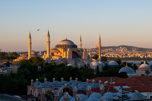 Hagia Sophia cathedral rooftop view at sunset in Istanbul - Turkey