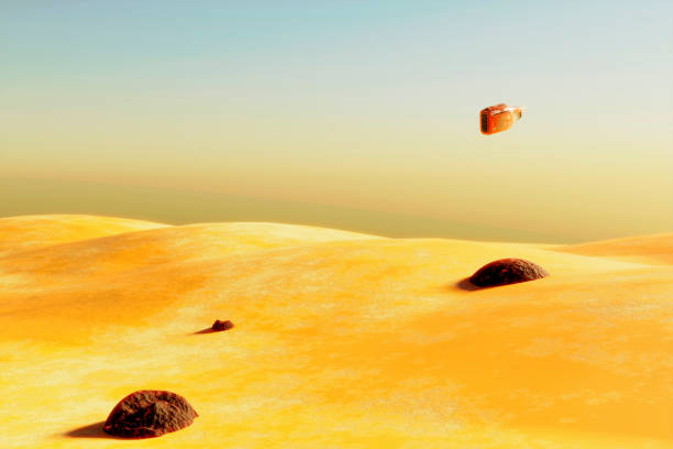 istock Surreal desert landscape with spaceship flying over land. 3d render 1413782258