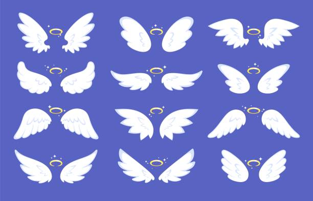 ilustraciones, imágenes clip art, dibujos animados e iconos de stock de alas de ángel de dibujos animados. ala de dibujo con halo, linda colección de alas brillantes. ángeles o pájaros, elementos voladores sagrados. conjunto vectorial nimbus abstracto picante - alas angel