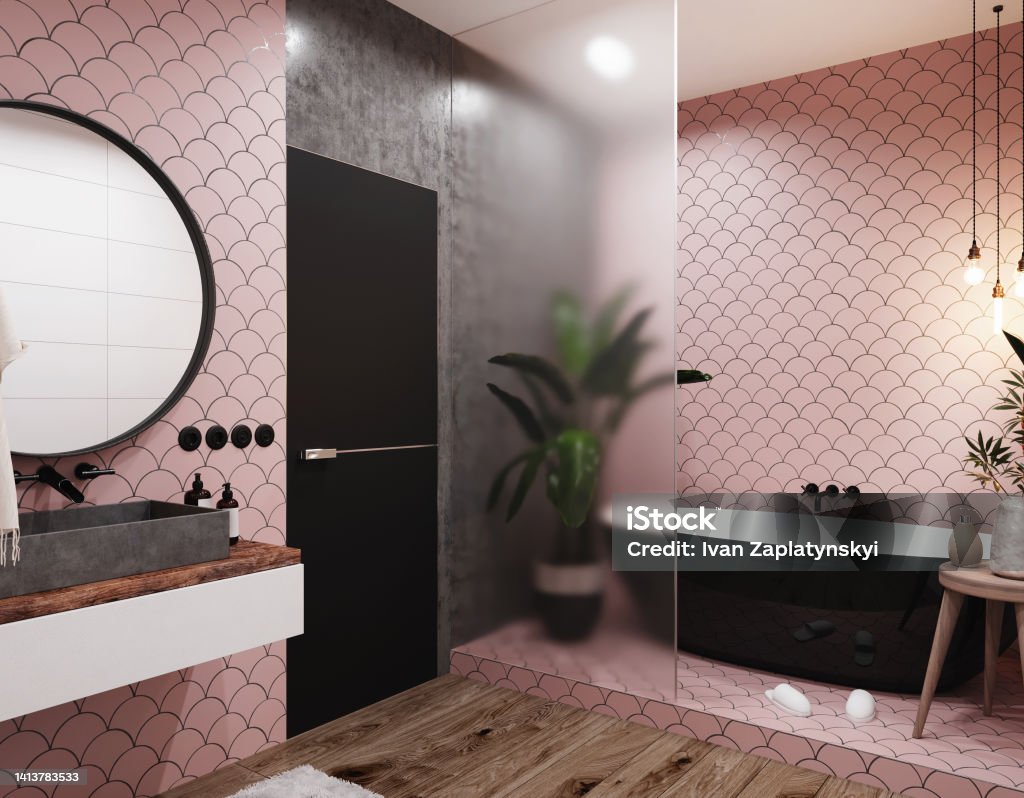 Interior of a modern bathroom with pink tiled walls, large mirror and grey washbasin. Classic style. 3d rendering Interior of a modern bathroom with pink tiled walls, large mirror and grey washbasin. Scandinavian style. 3d rendering Design Stock Photo