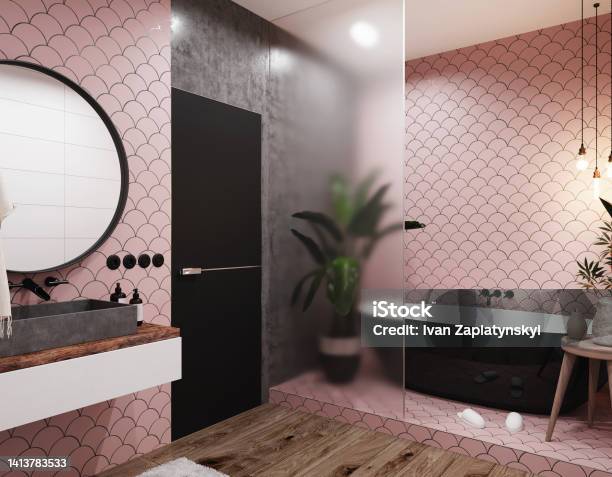 Interior Of A Modern Bathroom With Pink Tiled Walls Large Mirror And Grey Washbasin Classic Style 3d Rendering Stock Photo - Download Image Now