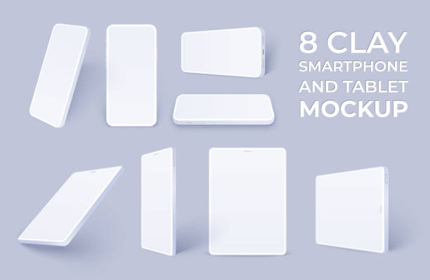 White smartphone mockup and tablet pack, clay realistic mobile phone and pad template in different angles isolated. 3D vector quality illustration mock up for presentation ui design or application. White smartphone mockup and tablet pack, clay realistic mobile phone and pad template in different angles isolated. 3D vector quality illustration mock up for presentation ui design or application. phone cover isolated stock illustrations