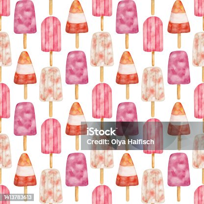 istock Watercolor pink popsicle seamless pattern. Hand painted strawberry and cream ice pops isolated on white background. Summer frozen dessert. Fruit paleta drawing print, cute dessert repeated design. 1413783613