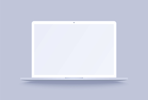 White laptop mockup. Clay notebook in 3d realistic style for promo your web design or presentation. Clay laptop with blank screen isolated on purple background with shadow.