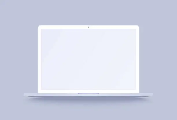 Vector illustration of White laptop mockup. Clay notebook in 3d realistic style for promo your web design or presentation. Clay laptop with blank screen isolated on purple background with shadow.