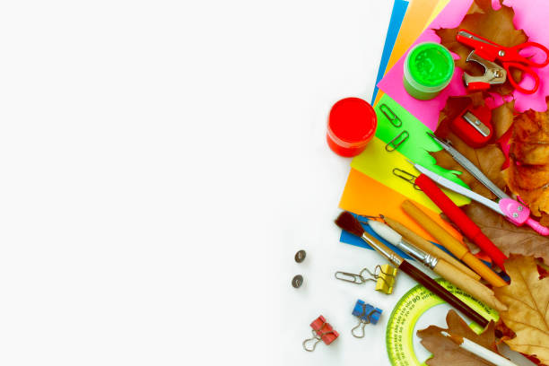 White background with school stationery, back to school concept