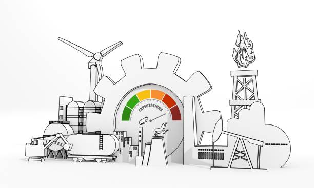 Energy and power industrial concept. Industrial icons and gear with expectations measuring device. 3D Render stock photo