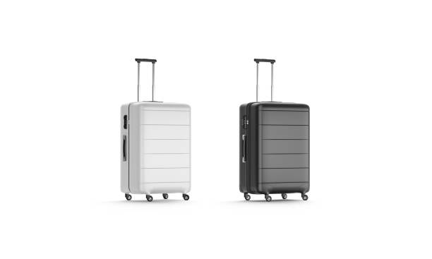 istock Blank black and white suitcase with handle mockup, half-turned view 1413787418