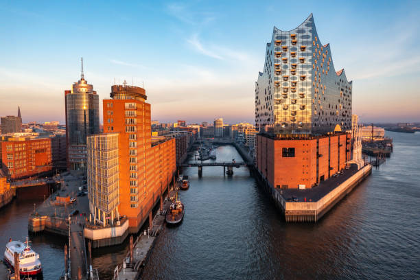 Hamburg_Hafencity Hamburg, Germany –  January, 12,  2019: Aerial view of the Sandtorhafen and the Elbphilharmonie in Hamburg's HafenCity elbe river stock pictures, royalty-free photos & images