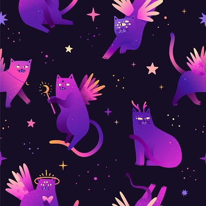 Mystical seamless pattern with cartoon shiny cats. Magic characters of cats with stars. Esoteric neon wallpaper.
Cute cats with wings for printing on fabric. Vector