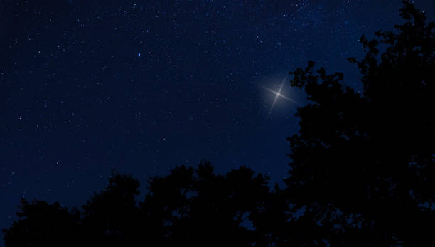 istock Christmas star rising over a silhouetted tree line 1413789003