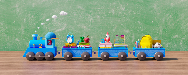 Blue train and wooden wagons filled with school supplies standing in classroom on wooden table with chalkboard in the background 3D Render 3D Illustration