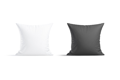 Blank white and black square pillow mockup stand, front view, 3d rendering. Empty decoration bedding cushion with fluffy filling mock up, isolated. Clear interior pillows for home bedclothes template.