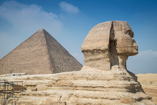 The great Sphinx near the pyramid complex on the Giza Plateau, near Cairo, Egypt