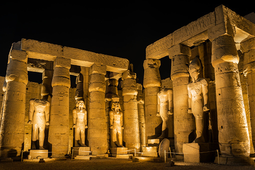The courtyard of Ramses II at night, Luxor Temple, Egypt