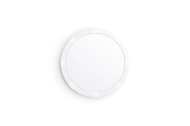 Blank white plastic round chip mock up, top view Blank white plastic round chip mock up, top view, 3d rendering. Empty circular currency for roulette or blackjack gaming mockup, isolated. Clear coin for hazard wager or board games template. token stock pictures, royalty-free photos & images