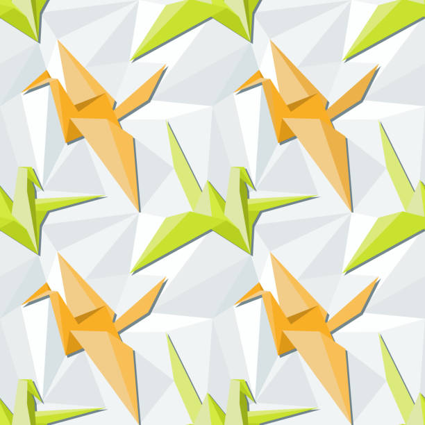 ilustrações, clipart, desenhos animados e ícones de pássaros origami em cores verde limão e pastel laranja. padrão sem emenda com pombas de papel origami - backgrounds pastel colored lime green green
