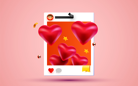 Social media photo frame with hearts. Likes and followers concept. Vector illustration