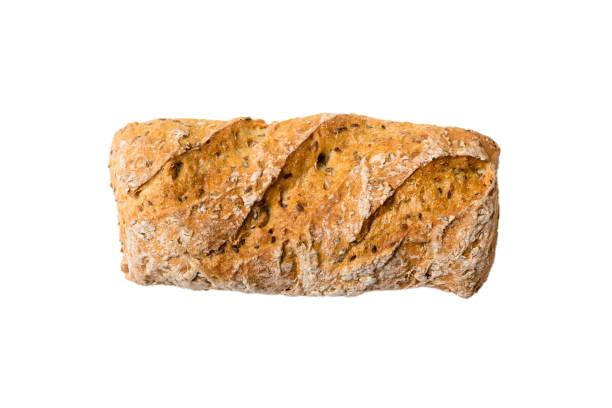 vista de la parte superior del pan recortada. pan recién respaldado aislado sobre fondo blanco. pan orgánico fresco - ciabatta fotografías e imágenes de stock