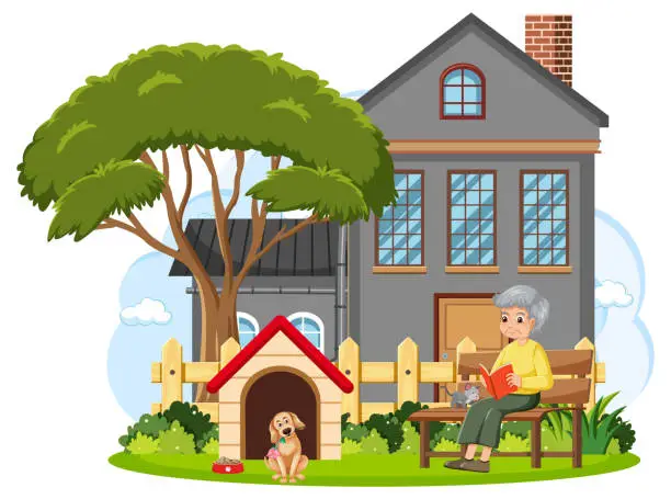 Vector illustration of Grandmother reading book in front of house