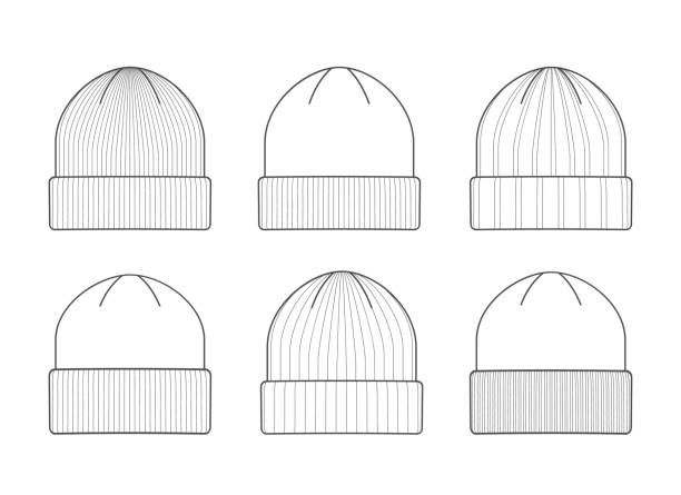 Wool beani caps Wool beani caps. Beanies running cap sketches, flat beanie templates, winter knitted designed hats, knitting head football garments, vector illustration beanie hat stock illustrations