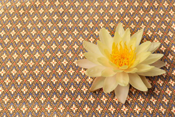 Beautiful yellow water lily on Thai style fabric pattern  background