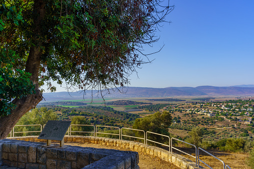 Tzipori, Israel - August 07, 2022: View of an observation point, landscape, and countryside of the Netofa valley, in the western Lower Galilee, near Tzipori, Northern Israel