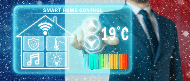 Frozen citizen of France adjusting heating temperature on a virtual screen of smart home controller, winter blizzard background. Concept of forced thrift because increased price for heating home. ciudadano congelado de francia ajustando la temperatura de la calefacción en una pantalla virtual de controlador doméstico inteligente, fondo de ventisca de invierno. concepto de ahorro forzado porque aumento del precio de la calefacción del hogar