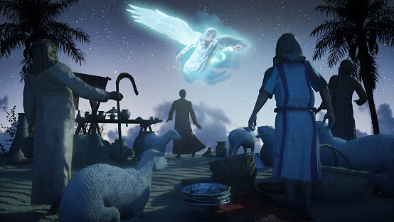 Christmas Angel announced to the shepherds the birth of Jesus birth in Bethlehem render 3d