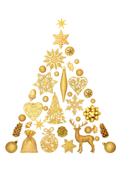 weihnachtsbaum-formkonzept mit goldschmuck - christmas card christmas greeting card christmas ornament stock-fotos und bilder