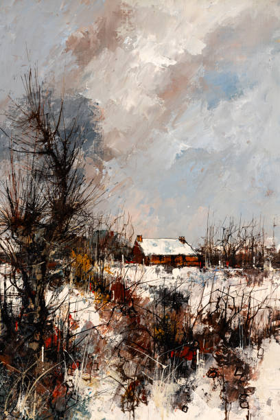 illustrations, cliparts, dessins animés et icônes de paysage rural dans la peinture à l'huile d'hiver - backgrounds canvas cold color image