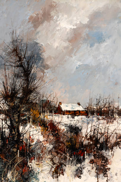 ilustrações, clipart, desenhos animados e ícones de paisagem rural na pintura a óleo do inverno - backgrounds canvas cold color image