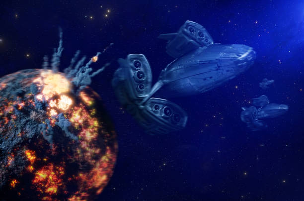 istock Spaceship and lava planet 1413805998