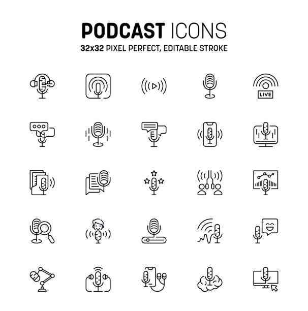 Podcast icon set. Editable stroke podcast line icon. Radio station icon, broadcasting and podcasting symbol collection Editable stroke and pixel perfect music studio, podcast speaker vector. 32x32 broadcast and podcast icon set. Outline pictogram for journalist microphone, conference, music and podcast icons. Podcasting, broadcasting, playing, speaker, headphones and more symbol vector. podcast stock illustrations