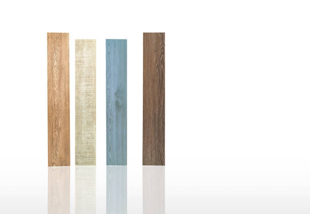 Vinyl tiles sample collection for interior designer. New wooden pattern vinyl tile. Vinyl flooring material on white background. Polymer vinyl sheet set for new home floor. PVC material. Plastic tile.