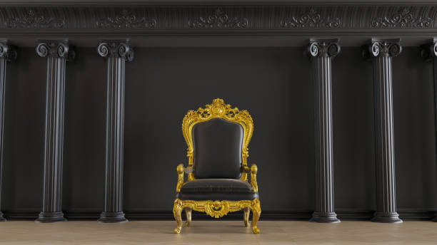 королевский трон на черном фоне с колоннами colmuns, концепция vip - throne стоковые фото и изображения