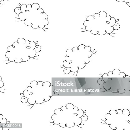 istock Vector seamless pattern on white background. Cute line sheep jumping. 1413810048