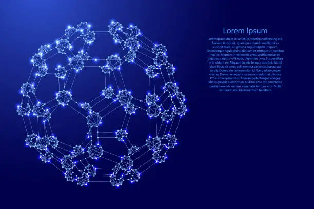 Vector illustration of Fullerene, a molecular compound, structure from carbon atoms, from futuristic polygonal blue lines and glowing stars for banner, poster, greeting card. Vector illustration.