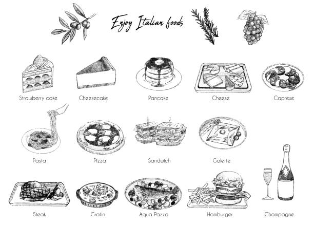 ilustraciones, imágenes clip art, dibujos animados e iconos de stock de varios bocetos de alimentos italianos ilustración - italian cuisine food preparing food cheese