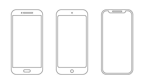 smartphone dengan mockup seluler ikon kerangka. wireframe garis depan ponsel layar putih. stok vektor. - seni garis ilustrasi stok