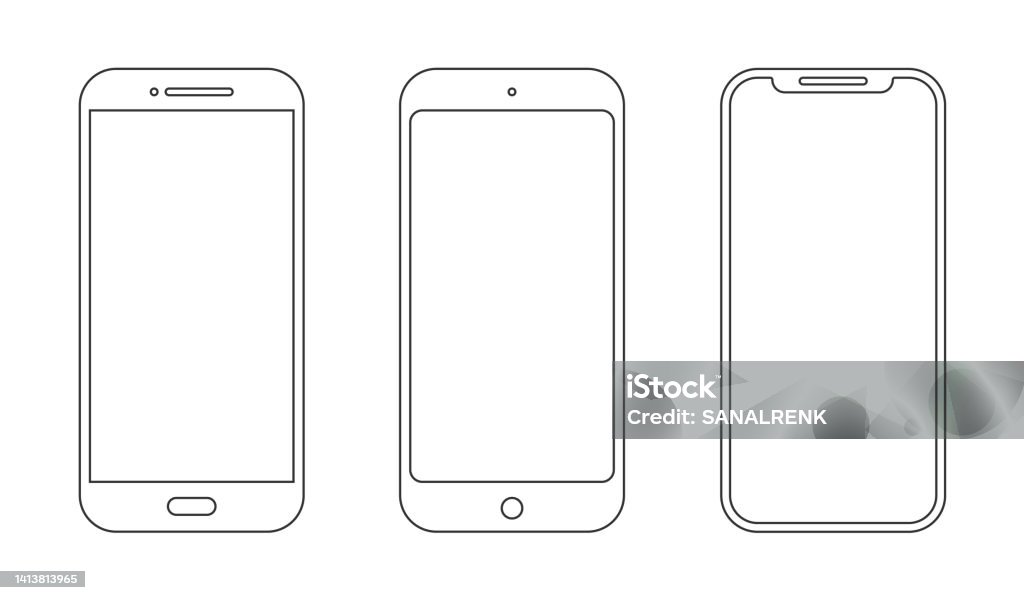 Smartphone with outline icon mobile mockup. Wireframe front line cell phone white screen. Vector stock. - Royaltyfri Mobiltelefon vektorgrafik Smartphone with outline icon mobile mockup. Wireframe front line cell phone white screen. Vector stock. - Royaltyfri Mobiltelefon vektorgrafik